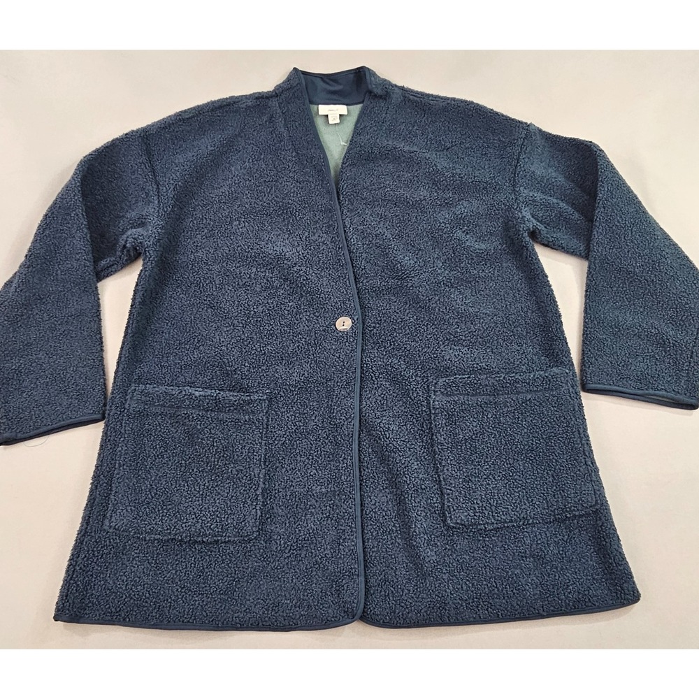 Pure J Jill sweater cardigan womens M Medium Petite blue 1 button pockets sherpa